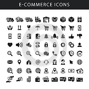 E-commerce black isolated vector icon set. Icons for on-line shop, website, fulfilment service.