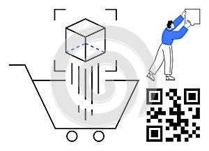 Digital Shopping Concept with 3D Product Scanning, QR Code Integration, and E-commerce Illustration