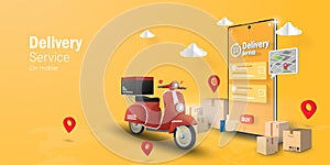 E-commerce concept, Delivery service on mobile application, Transpotation or food delivery by scooter