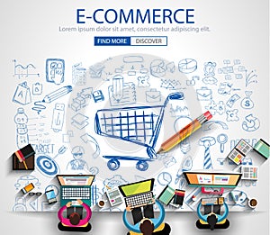 E-commerce Concept with Doodle design style :on line marketing