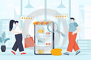 E-commerce concept in flat design. Buyers make online shopping scene. Man and woman buying clothes and shoes in internet store at