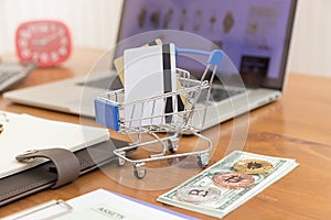 E-commerce concept, hand holding money and credit card in shopping cart with laptop open shopping website background