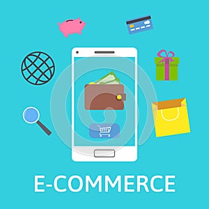 E-commerce concept. Online wallet. Smartphone with shopping icons. Online payment. Flat design vector illustration on