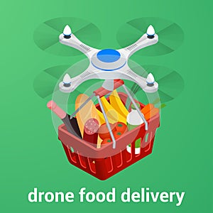 E-commerce concept order food online website. Drone delivery healthy food