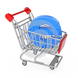 E-Commerce Concept. Shopping Cart Trolley with Blue Letter E as Electronic Commerce. 3d Rendering