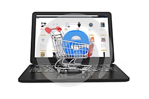 E-Commerce Concept. Shopping Cart Trolley with Blue Letter E as Electronic Commerce over Modern Laptop. 3d Rendering