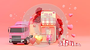 E-commerce concept on Valentine day, Shopping online and delivery service on mobile application., 3d rendering