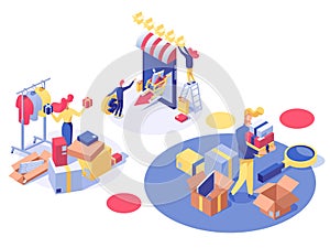 E-commerce and consumerism vector isometric illustration. Marketing research, Internet store clearance sales