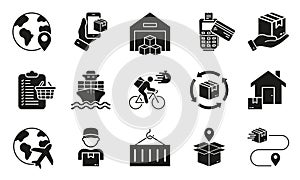 E-commerce and Delivery Service Silhouette Icon Set. Global Shipping Business Glyph Pictogram. Order Cargo, Parcel Box