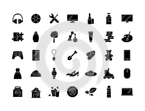 E commerce departments black glyph icons set on white space