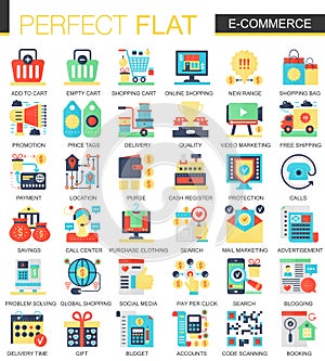 E-commerce and digital development vector complex flat icon concept symbols for web infographic design.