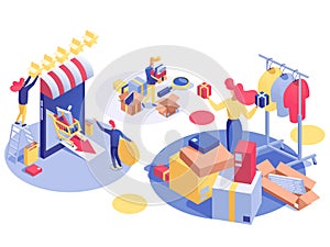 E-commerce and digital marketing isometric illustration. Internet store clearance sales, online shopping, wholesale and