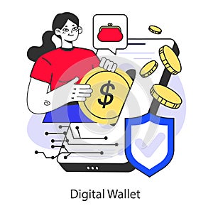 E-commerce. Digital wallet and money. Secure online transaction for purchase