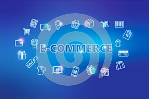 E-commerce  - ecommerce web banner on blue background. Various shopping icons