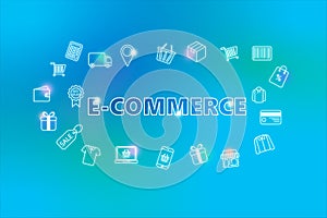 E-commerce  - ecommerce web banner on blue background. Various shopping icons