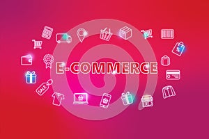 E-commerce  - ecommerce web banner on crimson background. Various shopping icons