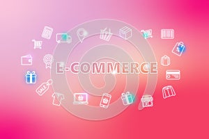 E-commerce  - ecommerce web banner on pink background. Various shopping icons