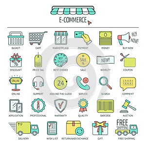 E-commerce icon set. Color modern line icons for business, web development and landing page. Flat design. Vector