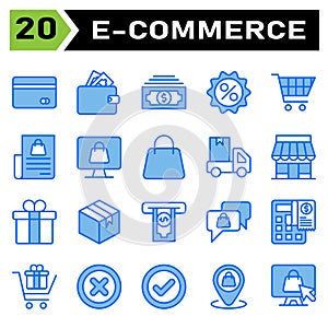 E commerce icon set include e commerce, money, wallet, finance, dollar, discount, price, sale, percent, trolley, buy, chart,