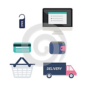 E-commerce icons set vector.Computer with price tag, credit card