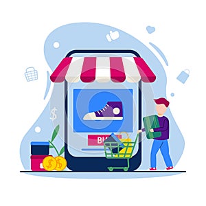 E commerce illustration - online shop concept in flat design - people shopping with trolly