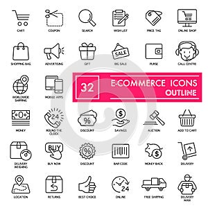 E-commerce with inscription line icon set, store symbols collection, vector sketches, logo illustrations, shop signs