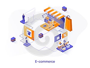 E-commerce isometric web banner. Online shopping platform isometry concept. Customer support 3d scene, purchase order and delivery