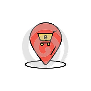 E-commerce location, grocery cart color vector icon.