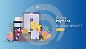 E-commerce market shopping online illustration with tiny people character. mobile payment or money transfer concept. template for