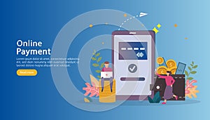 E-commerce market shopping online illustration with tiny people character. mobile payment or money transfer concept. template for