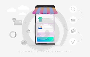 E-Commerce Mobile Shopping vector concept. Smart Phone with online shop basket page, t-shirt and sneaker goods and buy now button