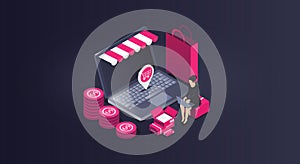 e-Commerce - Online Commerce - Online Shopping Concept - Isometric Illustration on Dark Background