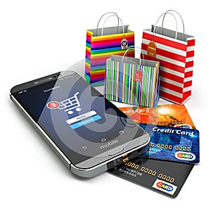 E-commerce. Online internet shopping. Mobile phone, shopping bag