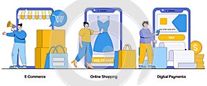 E-Commerce, Online Shopping, Digital Payments Concept with Character. Virtual Marketplace Abstract Vector Illustration Set.