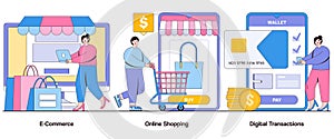 E-Commerce, Online Shopping, Digital Transactions Concept with Character. Cybersecurity Abstract Vector Illustration Set. Data