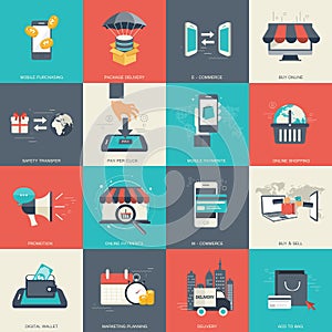 E - commerce and online shopping icon set. Flat vector