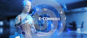 E-commerce Online shopping. Robot pressing button on screen 3d render