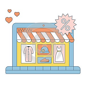 E-commerce. Online shopping, sales. Shopping clothes. Modern flat style illustration