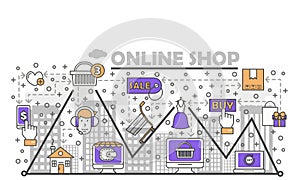 E-commerce, online shopping vector flat line art illustration