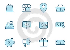 e commerce outline vector icons in two colors isolated on white.