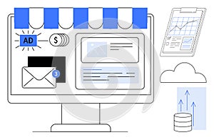 Digital storefront on desktop with online ads, communication, analytics, and cloud data integration