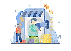 e-commerce promotion big sale concept. A man with megaphone on screen provides discount online shopping announcements .flash sale