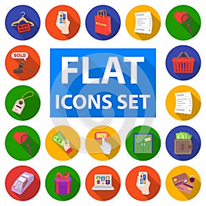 E-commerce, Purchase and sale flat icons in set collection for design. Trade and finance vector symbol stock web