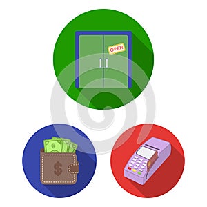 E-commerce, Purchase and sale flat icons in set collection for design. Trade and finance vector symbol stock web