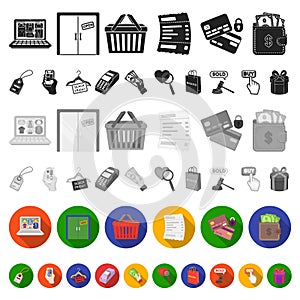 E-commerce, Purchase and sale flat icons in set collection for design. Trade and finance vector symbol stock web