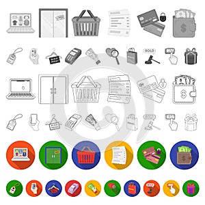 E-commerce, Purchase and sale flat icons in set collection for design. Trade and finance vector symbol stock web