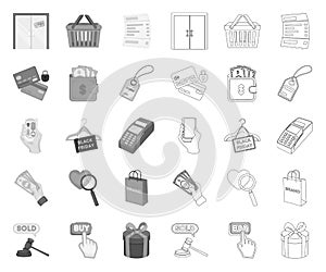 E-commerce, Purchase and sale mono,outline icons in set collection for design. Trade and finance vector symbol stock web