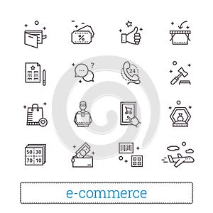 E-commerce and retail shopping thin line icons. On-line shop service signs. Modern vector design elements.