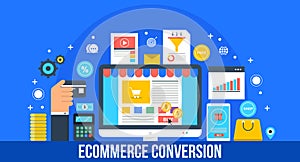 E commerce sales conversion concept. Purchasing via online shopping cart.