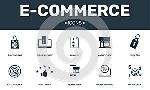 E-commerce set icons collection. Includes simple elements such as Wish list, Marketplace, Online payment, Pay per click and Call